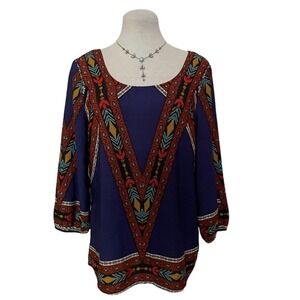 𝅺♥ Blue Rain Southwestern Boho 3/4 Sleeve Top Women's Size S